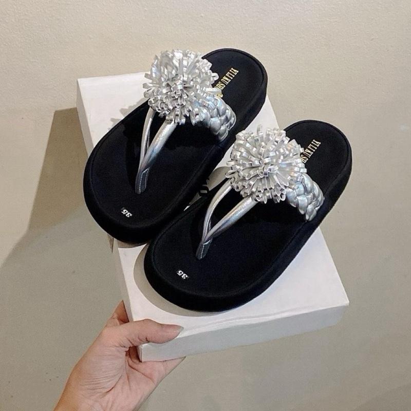  Dép Nữ N3 quai kẹp đính bông hoa cao 3cm da mềm êm nhẹ chân mũi tròn dễ phối đồ 