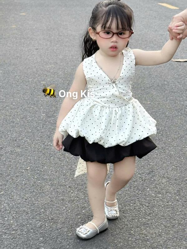 Ong Kis Sét áo cổ yếm hoạ tiết chấm bi phom bí ngô kèm chân váy dáng bí ngô cho bé gái 10-30kg