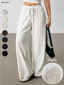 Pantalones casuales de mujer a rayas con cintura con lazo y pierna recta, de corte holgado, con una moderada grosor de tela, para todas las estaciones