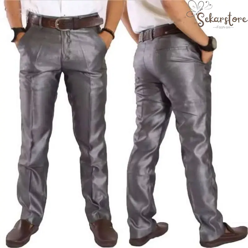 CELANA KANTOR METALIK mengkilap terbaru Slim-fitting nyaman celana panjang kerja pria mengkilap Formal Keren Slimfit Katun Navy Casual Kain Hitam celana kantor pria