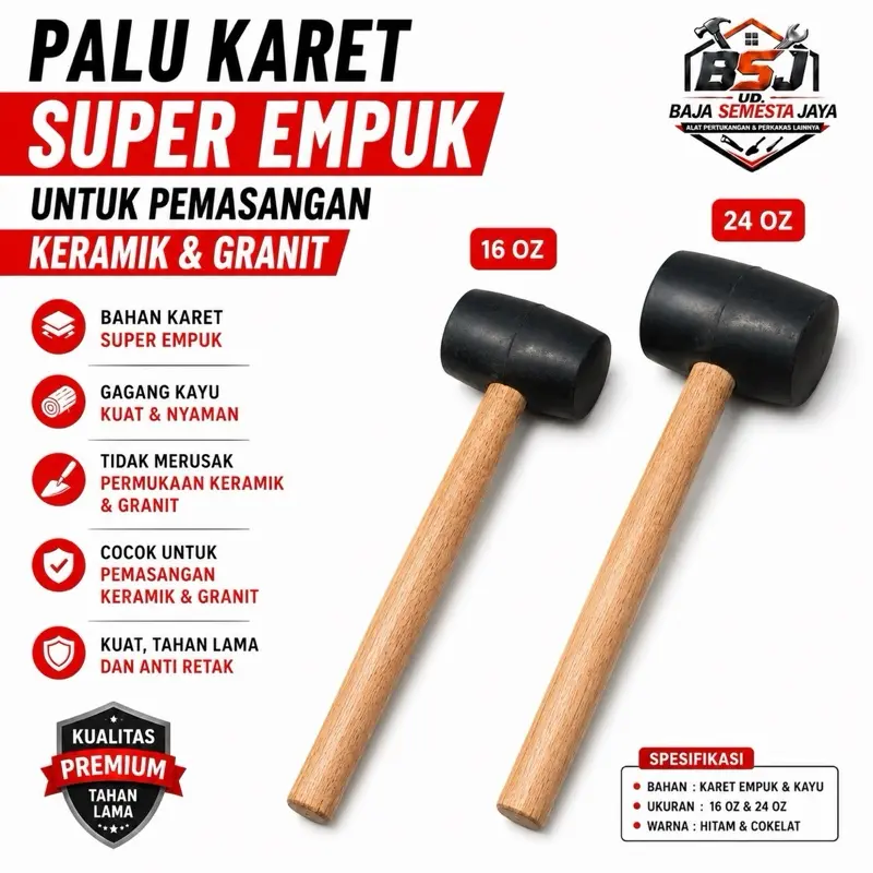 Palu Karet Super Empuk 16oz & 24oz untuk Pemasangan Keramik dan Granit Gagang Kayu Kuat dan Nyaman