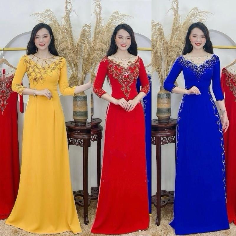 Áo dài bà sui - Áo dài cho mẹ chất liệu lua Mỹ cao cấp két đá sang trọng trẻ trung ADM04 Nữ Dress Women Voan Màu Đỏ Màu Vàng Màu Xanh