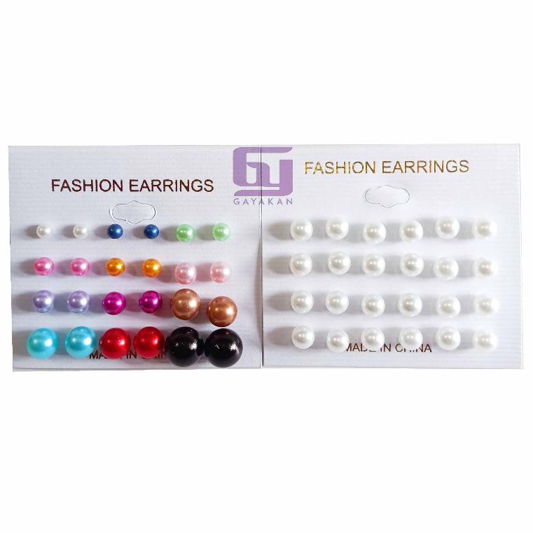 Isi 24 Pcs (12 Pasang) Anting Tusuk Besi Mote Lada Putih Multiwarna Multisize 0