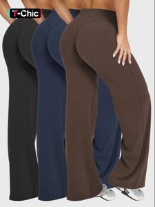 Paquete de 3 piezas de pantalones deportivos de yoga para mujer en color sólido, pantalones casuales cómodos con leggings acampanados, perfectos para fitness y uso diario