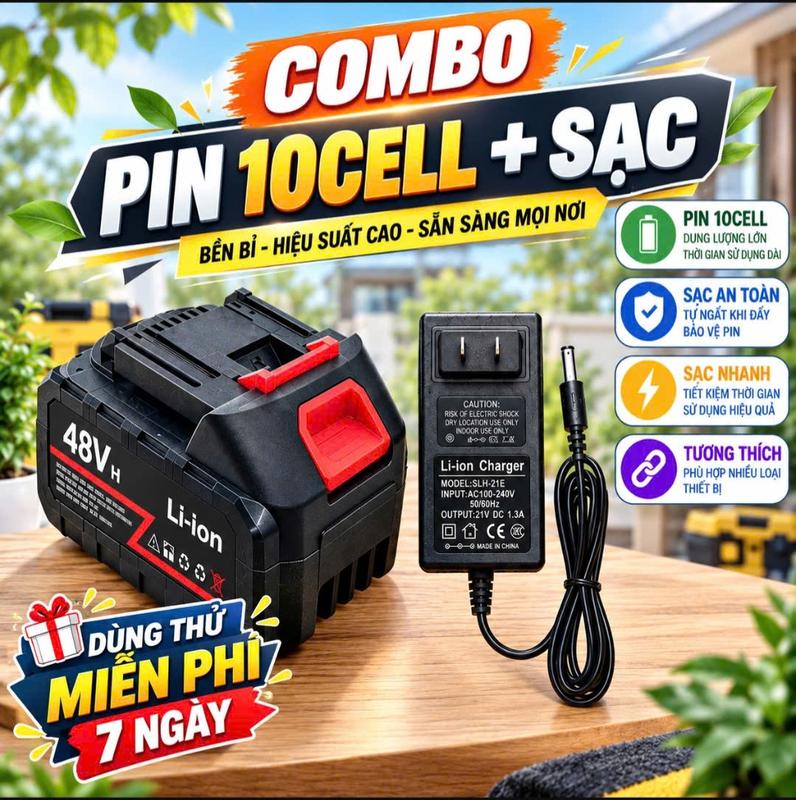 Pin 10cell Tặng Kèm Cục Sạc Dùng Cho Quạt Tích Điện, Máy Thổi, Đèn Led,Máy Khoan ,Máy Siết Bulong,Máy Mài, Dong Chân Pin 4cm.....