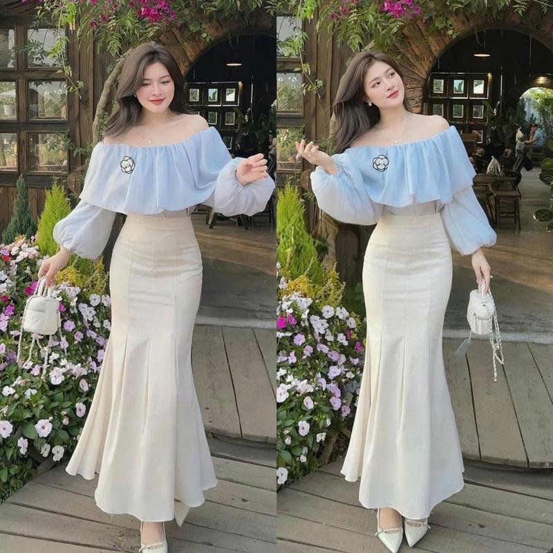 Set đồ nữ áo voan trễ vai tay dài bồng đính bông kèm chân váy dài đuôi cá sang chảnh dành cho các nàng diện đi chơi đi tiệc