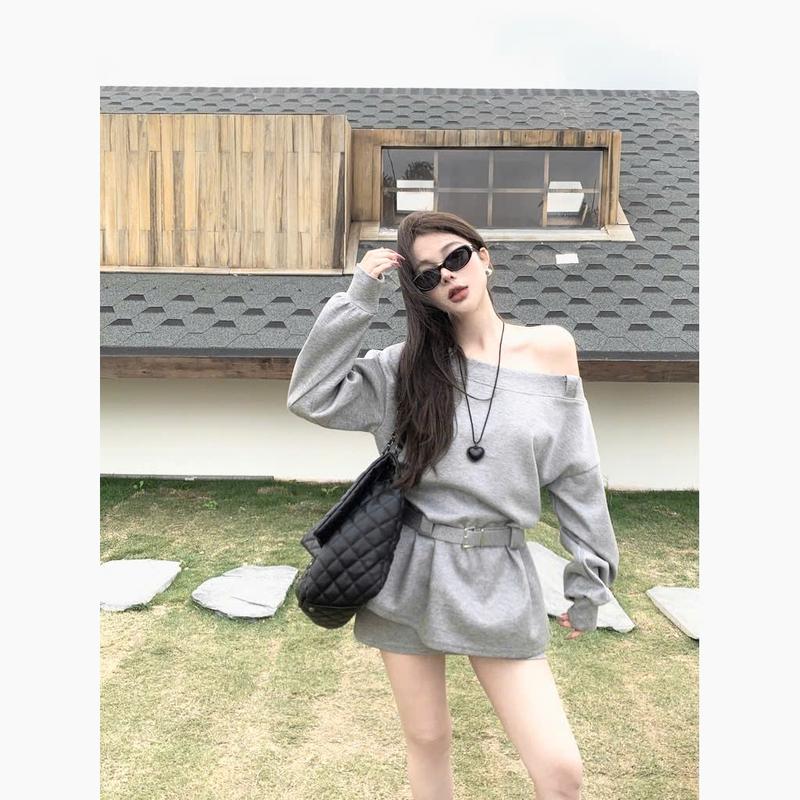 [Kèm đai] Set bộ nỉ tay dài trễ vai dáng rộng kèm chân váy ngắn ôm eo set đồ nữ xinh sang chảnh