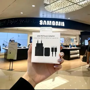 Charger Pengisian daya cepat 45watt untuk ponsel SAM android charger kabel data type C ke C 1m adaptor hitam putih asesoris hp untuk S25 FE Ultra plus S22 S23 A80 A25 A3 A72 A73 A52 A32 W20 A16 A33 S9 -Adaptor