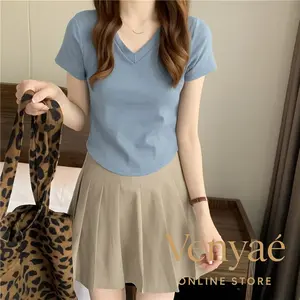 [ Venyae ] Baju Kaos Crop Top Wanita Spandek V-Neck Oval Lengan Pendek Basic Korean Style / Kaos Atasan Cewe Kekinian /Bahan Spanek Premium Lengkap Warna