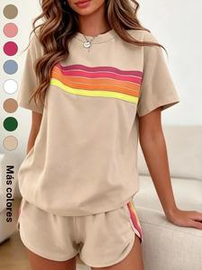 Conjunto deportivo casual de dos piezas para mujer, con ajuste holgado y entallado, diseño a rayas arcoíris, perfecto para el verano, vacaciones, uso en interiores y al aire libre