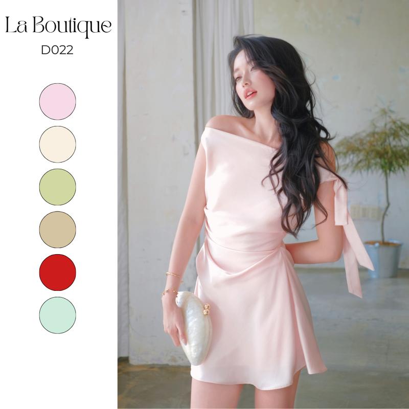  Đầm Lụa Trễ Vai Cột Nơ Nhún Eo Chất Lụa Xược - D022 