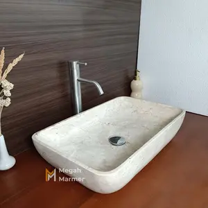 Megah Marmer | Wastafel Marmer Bentuk Kotak Cream Rectangle Ukuran 55x35x12 cm Free Packing Kayu
