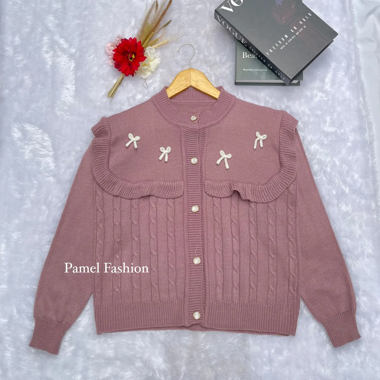 Vexana cardigan rajut atasan wanita ruffle pita Baju Kancing