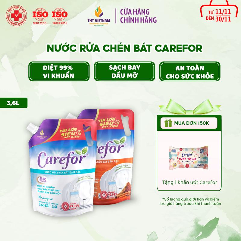 Carefor Nước Rửa Chén Bát 3600ml Không Mùi An Toàn Cho Bình Sữa & Chén Bát Ăn Dặm Trẻ Nhỏ Diệt 99% Vi Khuẩn