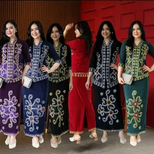 Kebaya Encim Set Rok Motif Dayak Bunga Corak Bahan Jersey (melar)Kebaya Viral Kebaya Trend Kebaya Kalimantan Kebaya Wisuda Setelan Wanita High Premium Quality 100% Stretch