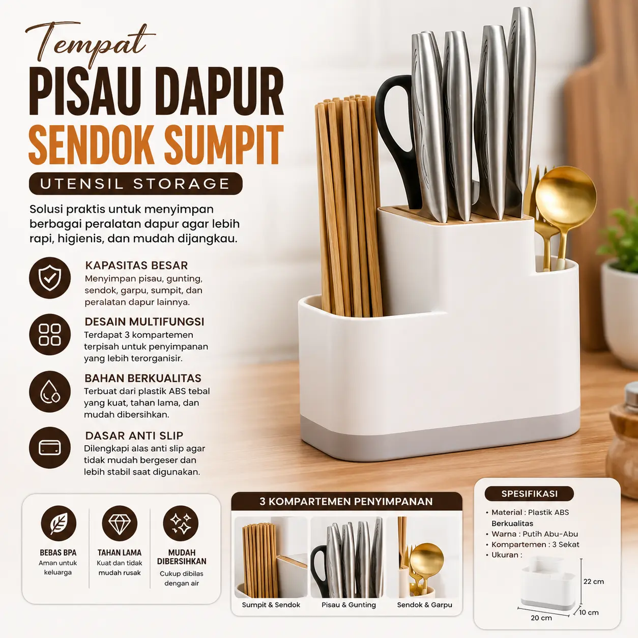 Rak Penyimpanan Pisau Garpu Sendok Sumpit Dengan Tirisan Storage Peralatan Dapur