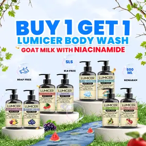 BUY 1 GET 1 LUMICER BODY WASH (2x500 ML) NON SLS GOAT MILK NIACINAMIDE - BLUEBERRY APPLE WATERMELON KIWI MARQUISSA TWILIGHT ISLAND BUBBLE SABUN MENCERAHKAN MELEMBAPKAN ATASI BAU BADAN BPOM