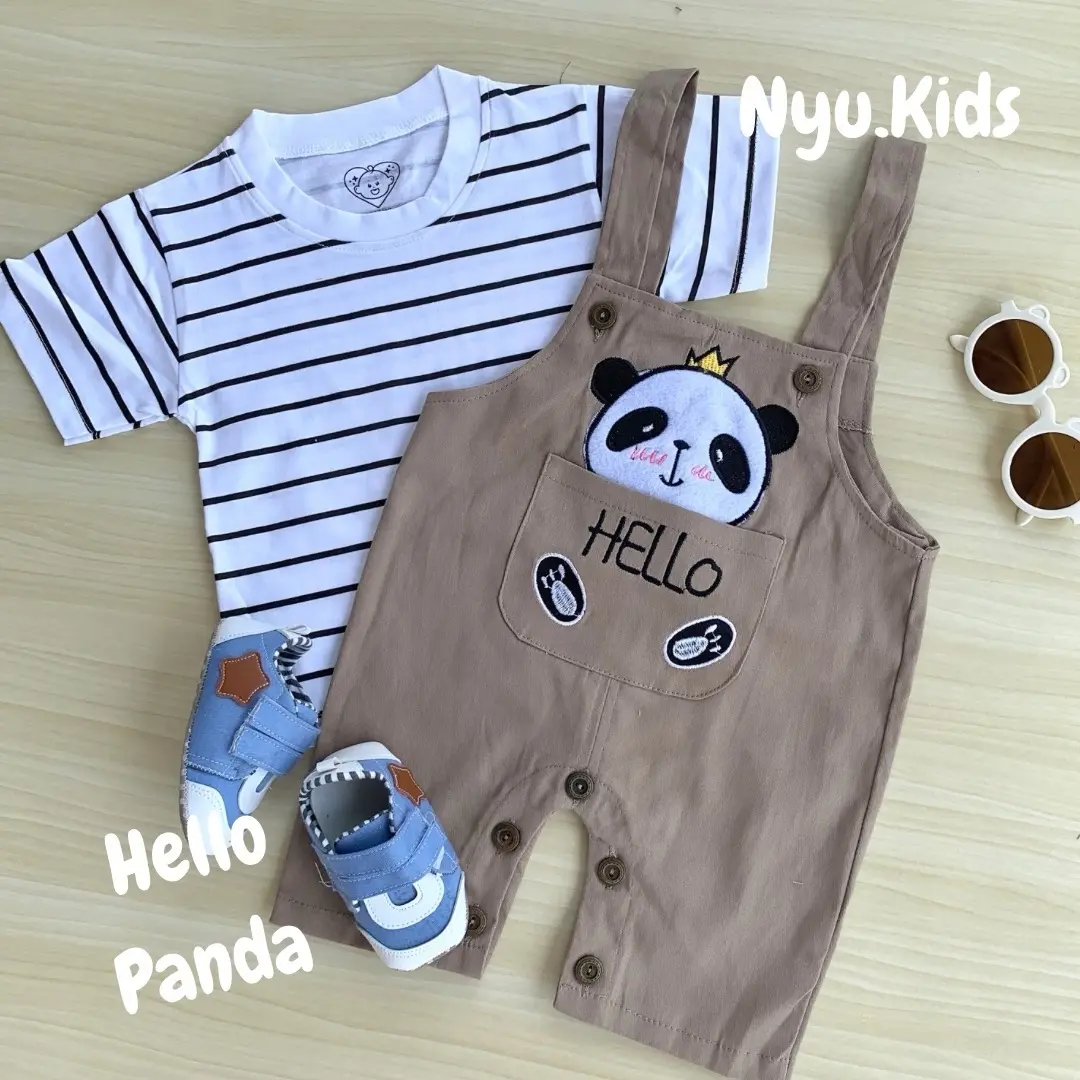 Nyukids - Overall SET Hello Panda usia 5 bulan - 18 bulan / One Set Kodokan / Baju Bayi Cowok Cewek / Bahan Adem dan Nyaman