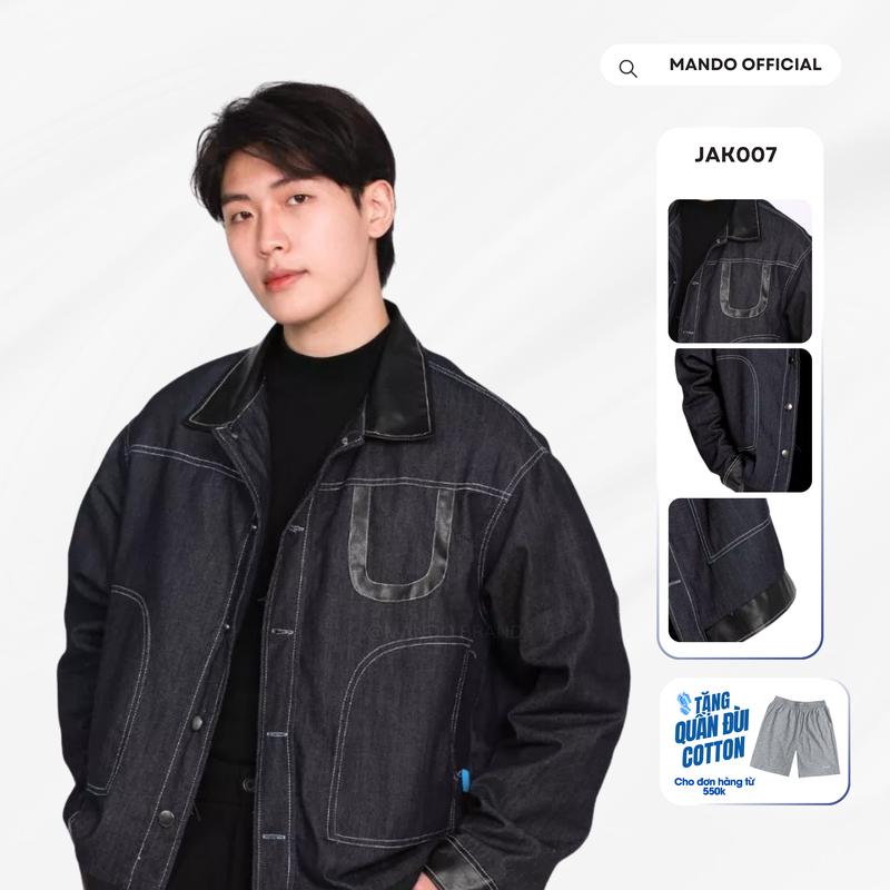 JAK007 Áo Khoác Dài Tay Denim MANDO Phối Da Cúc Cài Kim Loại Cổ Bẻ Form Boxy Trendy Menswear Nhung aokhoac nam