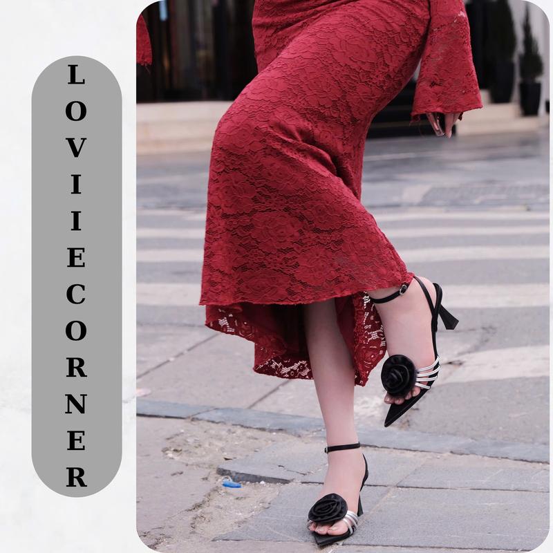 LOVIIECORNER GIÀY CAO GÓT SANDAL - FORM BÉ - GUỐC HOA TRÀ CAO GÓT NỮ MŨI NHỌN HỞ HẬU CÓ KHÓA CÀI BỐN QUAI MẢNH GẮN HOA - GUỐC NỮ ĐI TIỆC GÓT 7 PHÂN G240614