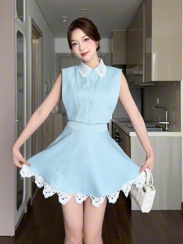 Set áo croptop cổ phối ren và chân váy xòe nữ dáng ngắn phối ren Hb.closet S31