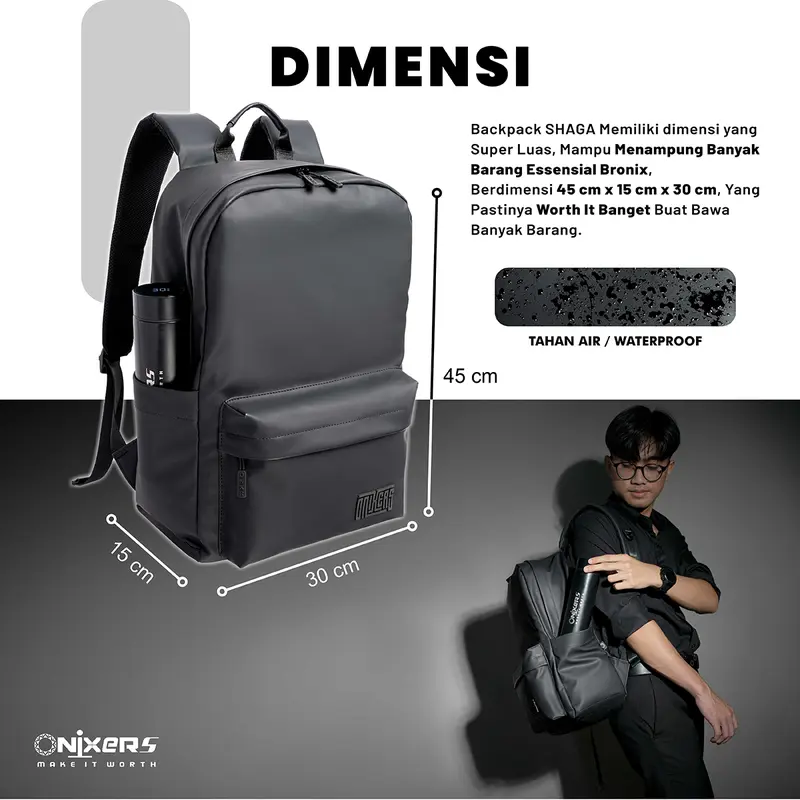 ONIXERS I Backpack SHAGA I Tas Laptop Ransel Pria I Dapper Bag Pria Wanita Anti Air Waterproof Premium I Backpack Sekolah Kantor Kerja Outdoor 3