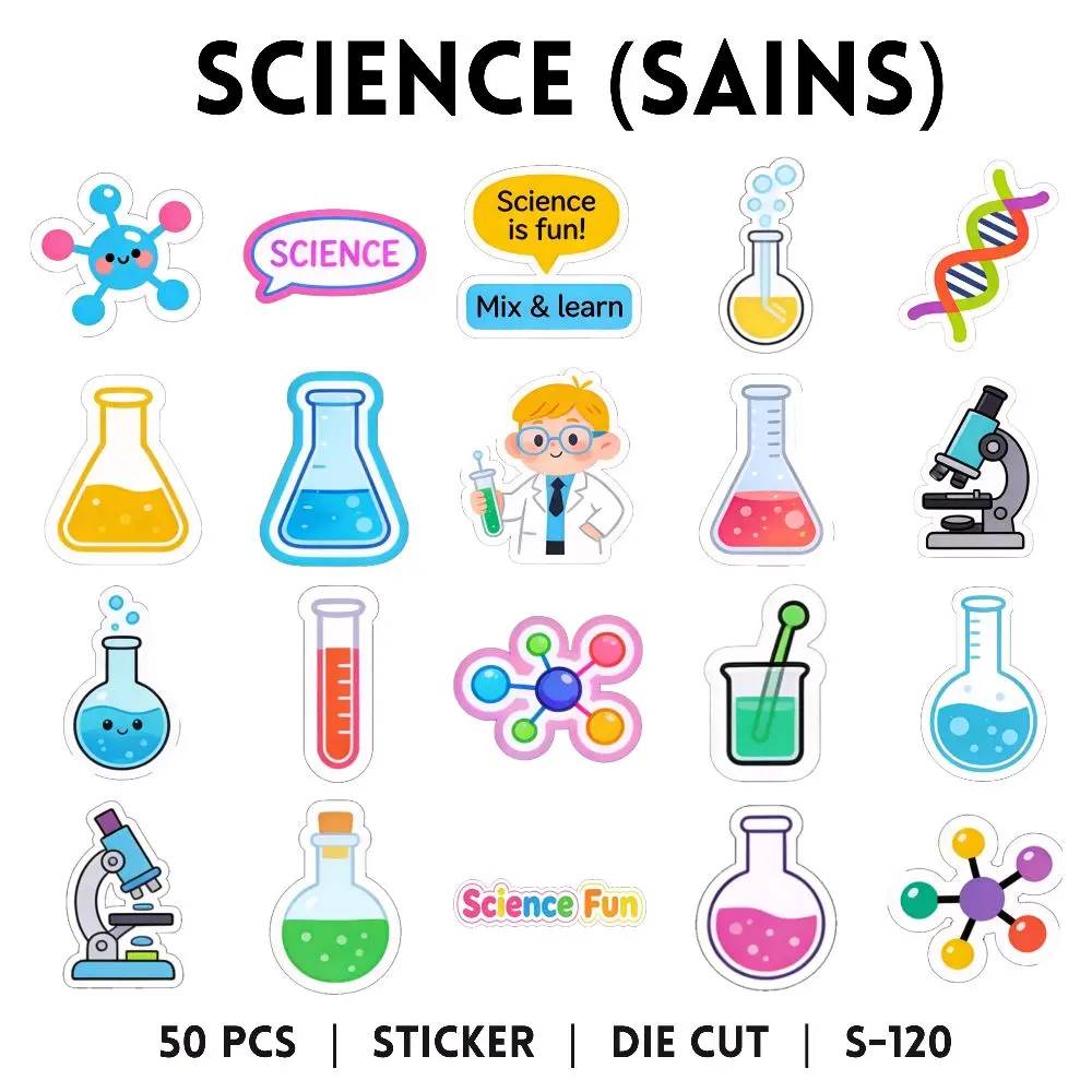 [50 pcs] STICKER | SCIENCE (S-120) SAINS | CARTOON, KARTUN, ANIMASI | DECO STICKER | STICKER DIY | JURNAL AESTHETIC | sticker tumbler, handphone, laptop, komputer, buku, koper, helm, stiker, lucu, Die-Cut