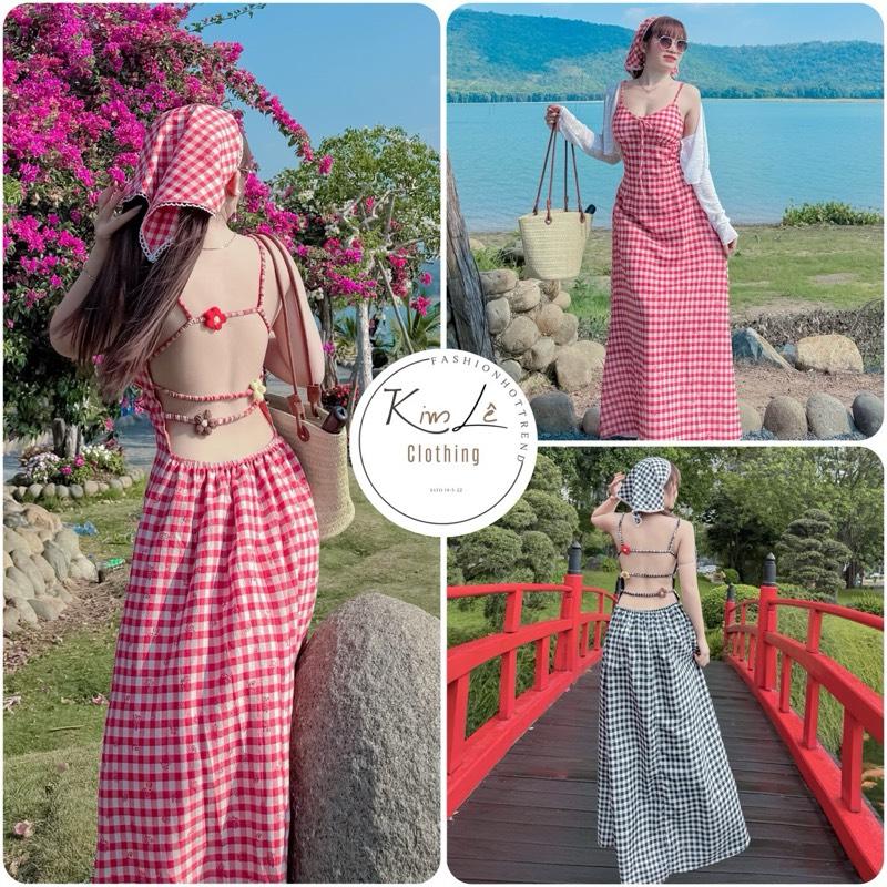 Đầm Karo 2 Dây Hở Lưng Kèm Khăn Turban Nhẹ Nhàng Nữ Tính Đi Biển Đi Du Lịch Siêu Xinh. Có mút