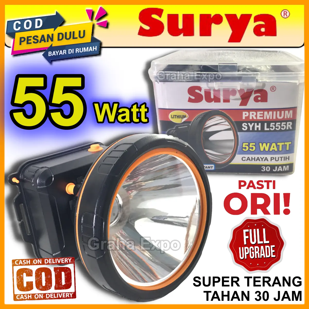 Surya Senter Kepala Nyelam Selam 50w / 55W 50 Watt 55 Watt Super LED SYH L505R atau L555R Baterai Lithium Super Terang Cahaya Putih Jarak Sorot Jauh dan Waterproof Headlamp Tahan 30 Jam Diving Snorkling Camping Kuning Lampu