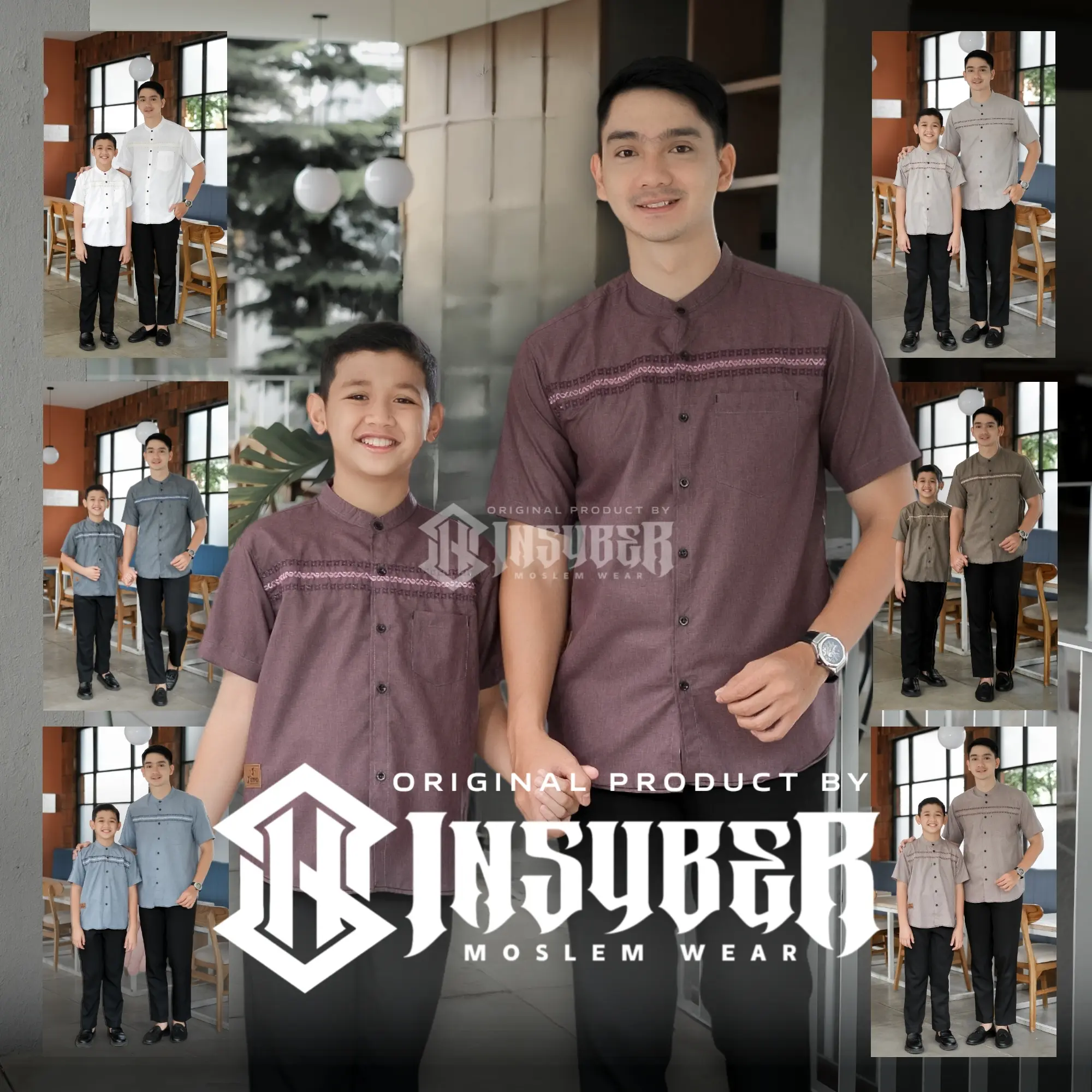 Baju Koko Couple Ayah Dan anak Laki Laki Lengan Pendek Motif Bordir Kain Katun Madinah Warna Burgundy Terbaru 2025