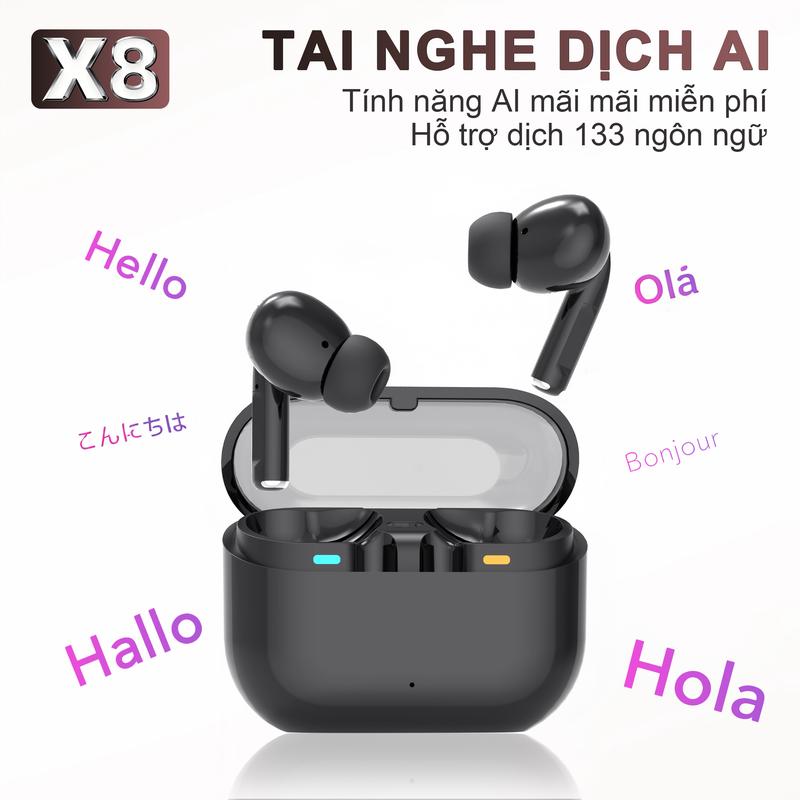  X8-AI Tai Nghe ANC Giảm Tiếng Ồn Tai nghe AI dịch đồng thời Có thể dịch được 133 ngôn ngữ Dịch trực tiếp khi gọi video xem phim  hiển thị chữ  Âm thanh HiFi MIPX5 chống nước chống bụi với iPhone và Android  AI miễn phí trọn đời  