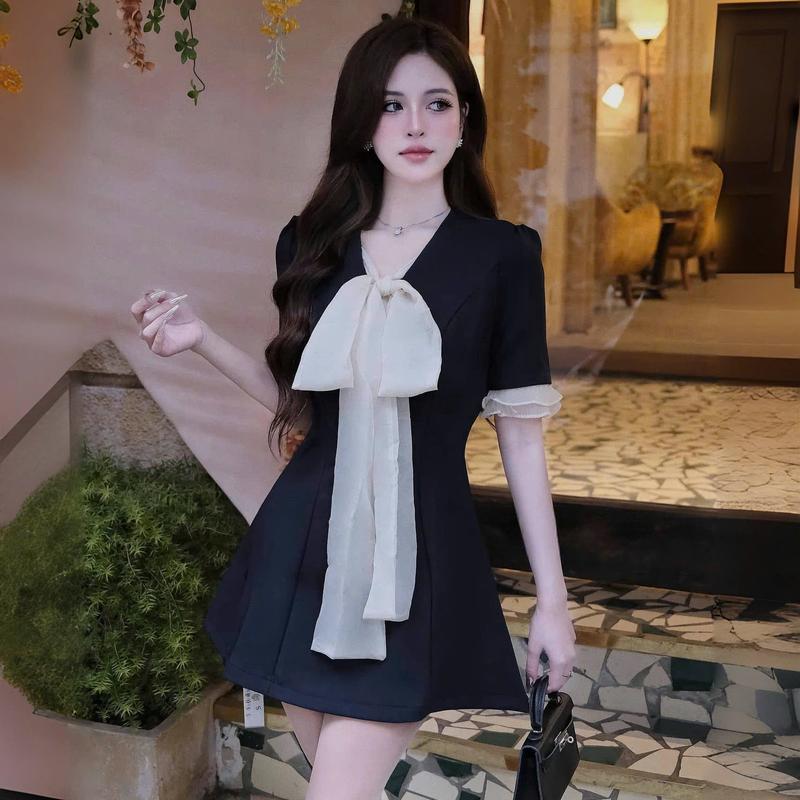  Đầm Váy Thiết Kế Cổ V Phối Nơ Trắng Thời Trang Nữ 