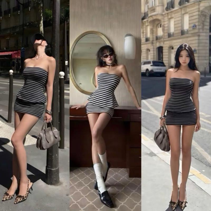 Đầm Ống Cúp Kẻ Sọc, Tà Xoè Phong Cách Mới Cho Nữ Sang Chảnh, Tôn Dáng, Sẵn Mút.