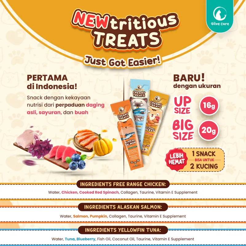 Olive Care PAKET CREAMY TREATS 16gr & 20gr Isi 5pcs Snack Cemilan Kucing Bernutrisi dengan Daging Ayam/Salmon/Tuna Asli with Red Spinach/Winter Squash/Highbush Blueberry 1