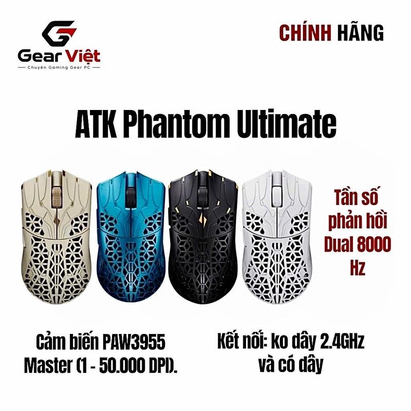 Chuột Gaming không dây ATK Phantom Ultimate - cảm biến PAW3955, tần số 8K, chất liệu hợp kim cao cấp (Gear Việt)