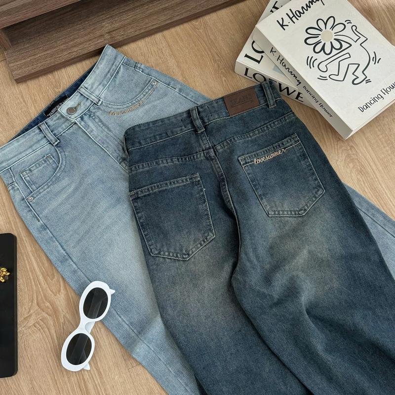    2 chieu dài 95 và 100 cm  Quần Jeans Suông Nấm Lùn Thêu Chữ  Cap Cao Lai To Wash Xịn Thời Trang Có Size đến 65kg ms 220 