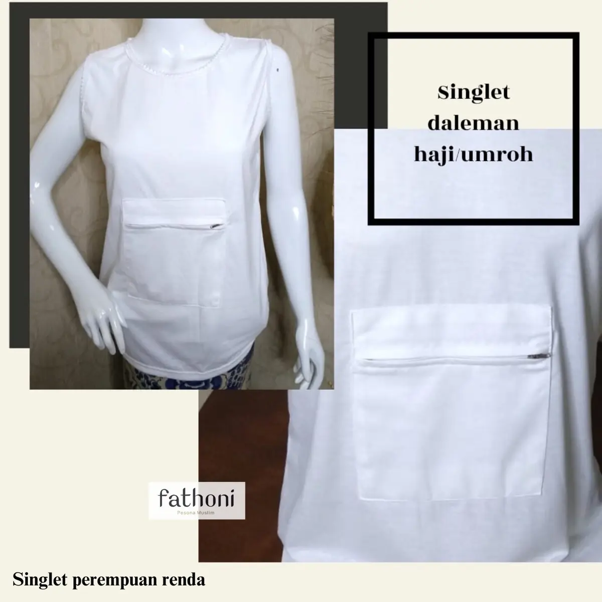 Perlengkapan Haji Umroh Daleman Kantong Saku Singlet Ibu Berenda Cantik Bahan Nyaman Dingin
