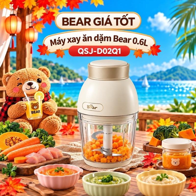 Máy Xay Ăn Dặm Bear QSJ-D02Q1 0.6L Xay Thịt Rau Củ Đa Năng luoi Inox Bảo Hành 18 Tháng