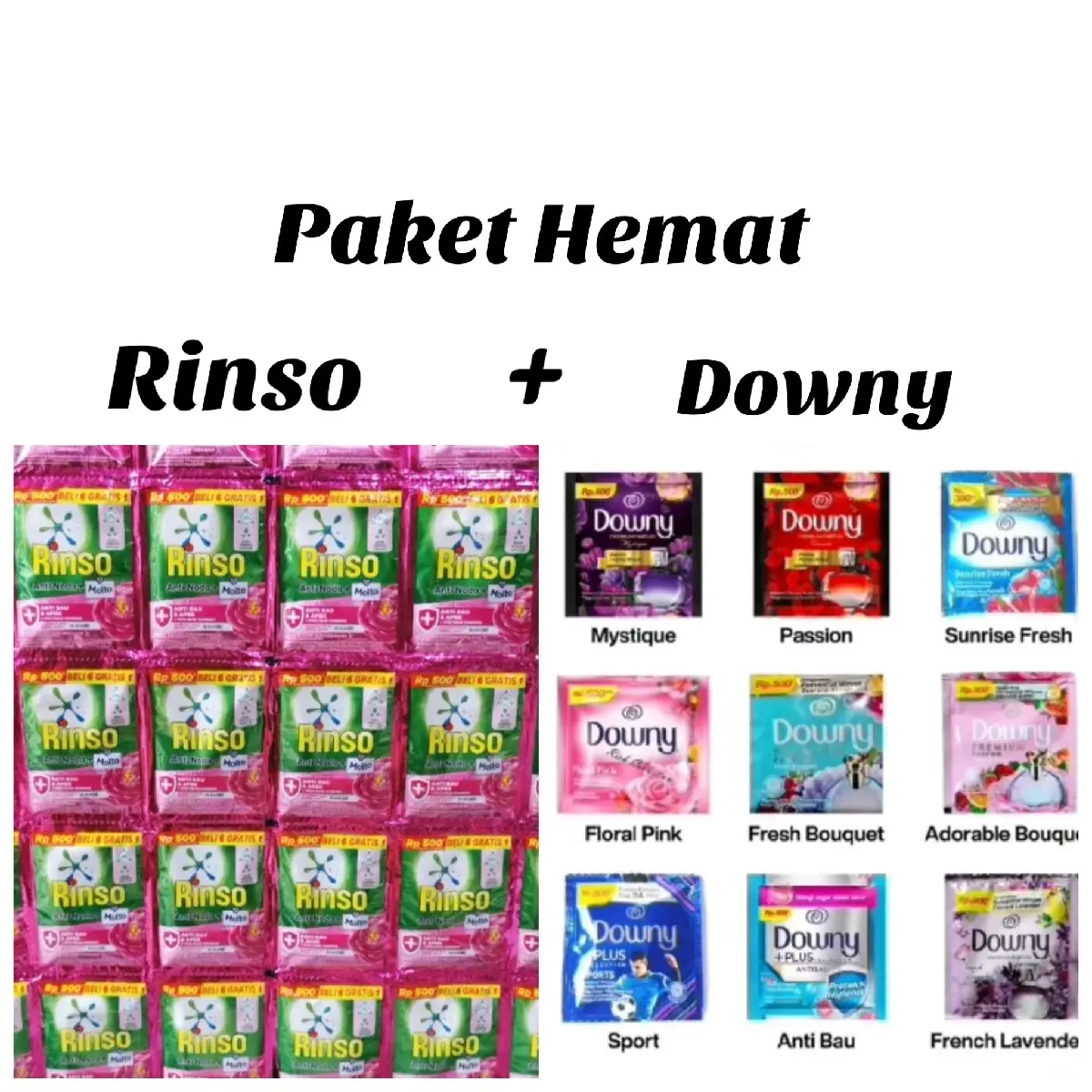 72pcs ||Rinso cair 18ml 36 pcs++Downy 36 pcs 10ml (500an) Pembersih