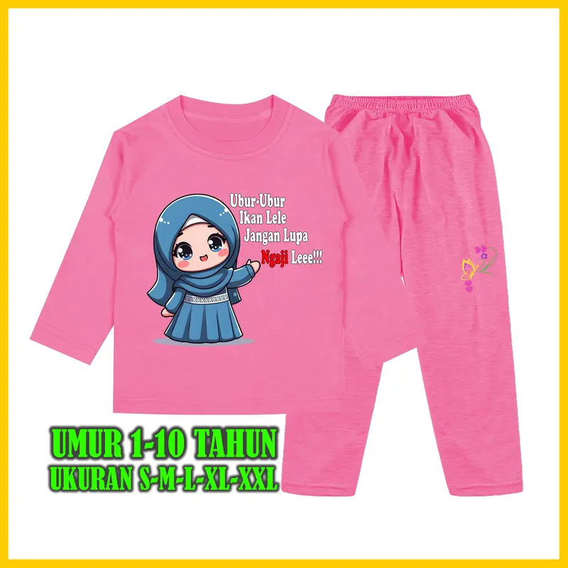 Baju Tidur Anak Perempuan Gambar Muslim Kata kata Ubur Ubur Ikan Lele Setelan Lengan Panjang - Baju Anak Fashion Celana 3