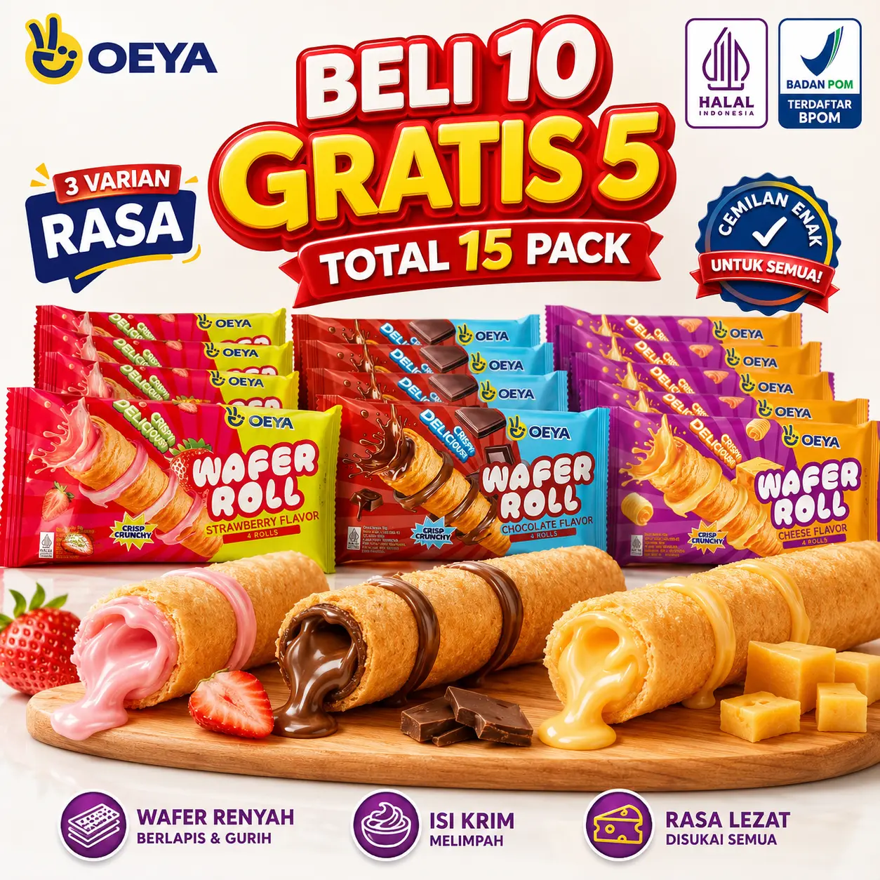 OEYA Wafer Roll Halal Isi 15 Pack Beli 10 Gratis 5 Cemilan Renyah Creamy, Rasa Coklat Strawberry Keju Mix, Snack Anak Keluarga Teman Ngopi