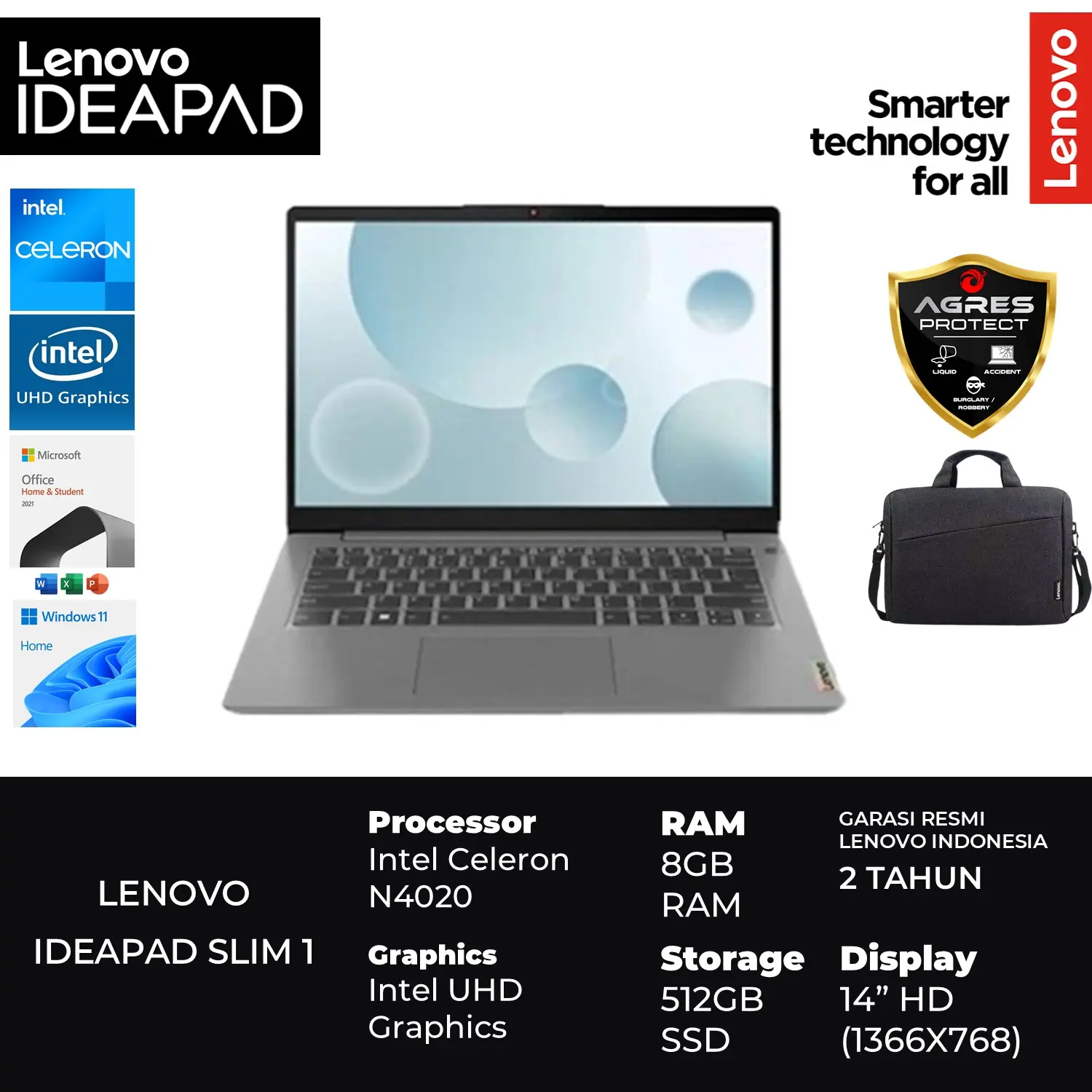 Laptop Lenovo IDEAPAD SLIM 1 14 N4020 8GB 512GB Windows W11+OHS Screen 14.0