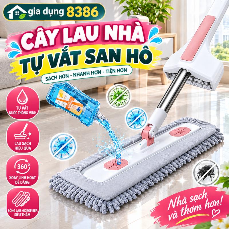 Cây Chổi Lau Nhà Tự Vắt San Hô , Đầu Lau Xoay 360, Dụng Cụ Vệ Sinh Hiệu Quả , Tiện Lợi