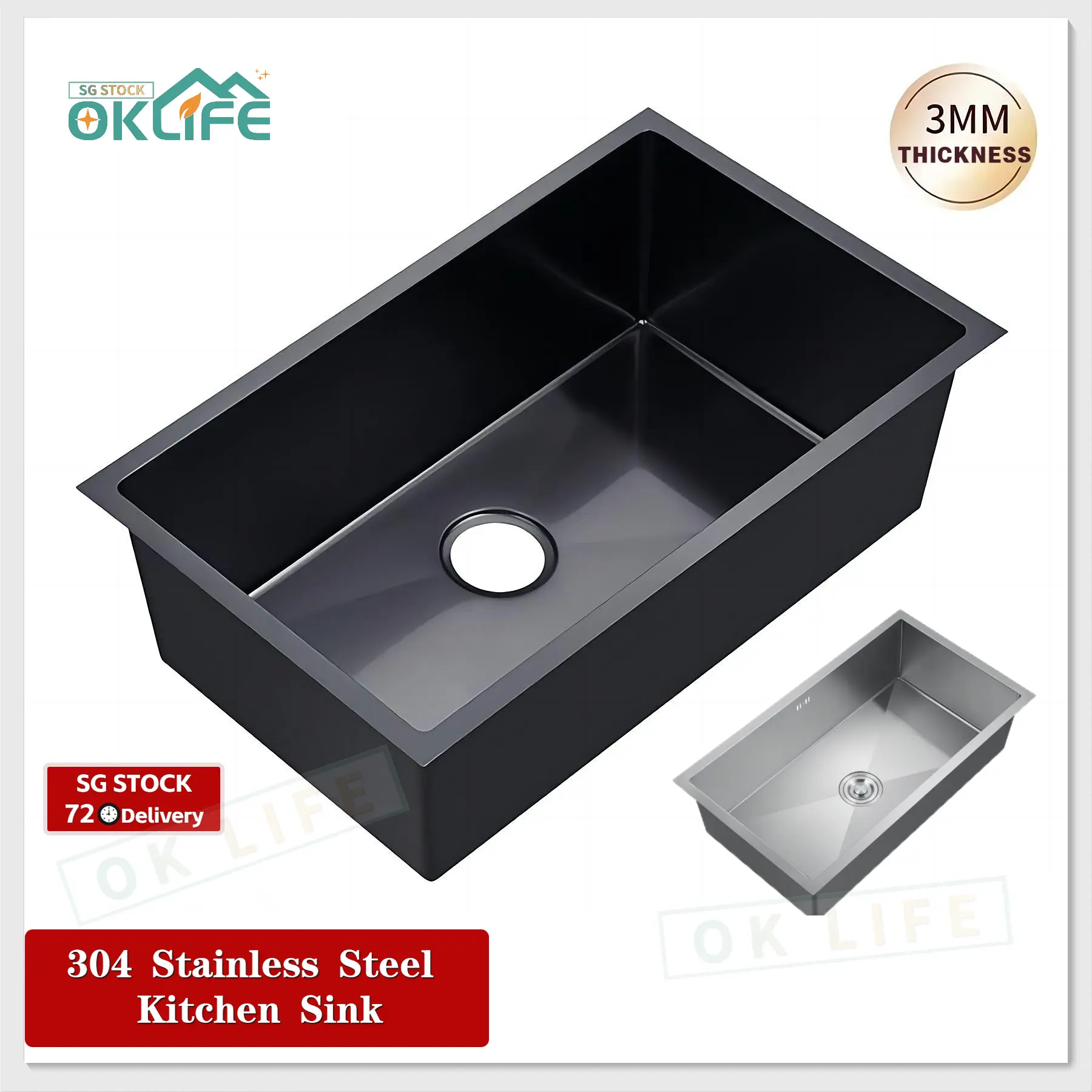 [OKLIFE.SG]Nano 304 Stainless Steel Sink/Single Sink/Undermount  kitchen Large  and thick Wash Basin(Silver/Black)