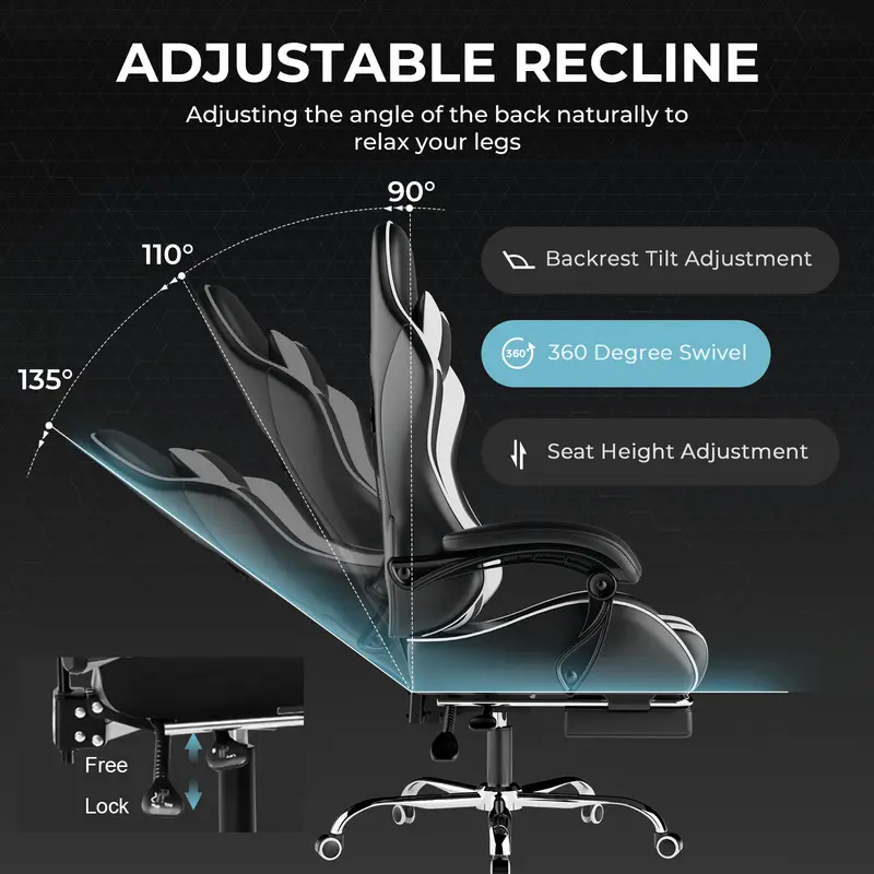 GTPLAYER Gaming Chair, Computer Chair with Footrest and Lumbar Massage, Height Adjustable Gaming Chair with 360° Swivel Seat and Headrest for Office or Gaming 5