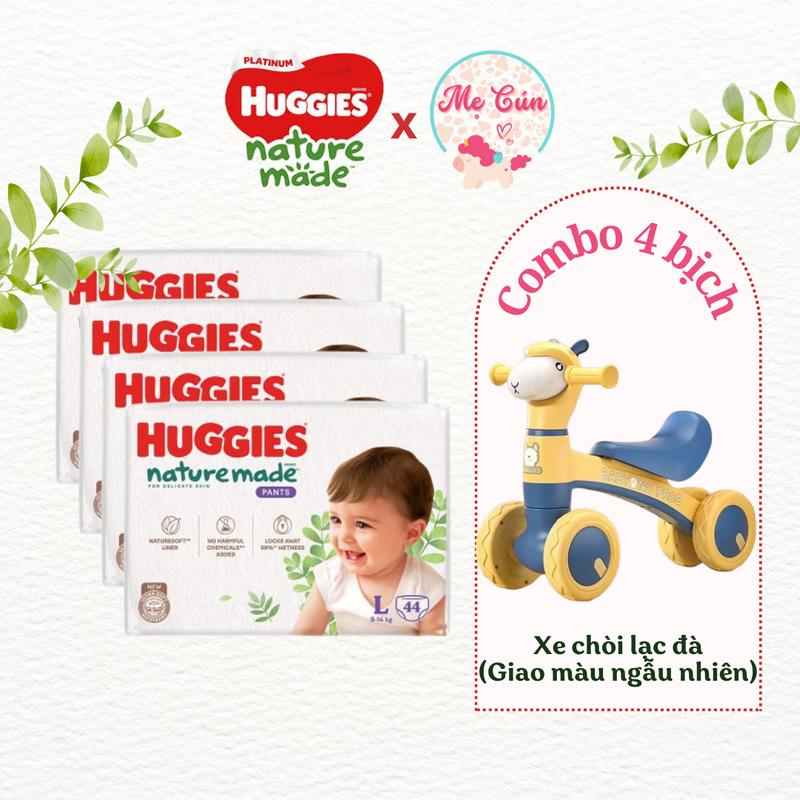 Tặng xe chòi lạc đà Bộ 4 bịch tã Huggies Nature made bông hữu cơ êm mềm cao cấp thấm hút tốt S82 M64 L54 M58 L44 XL38 XXL26