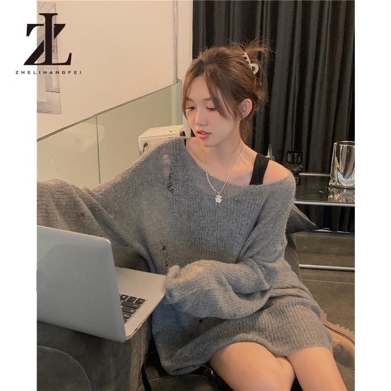 Áo sweater Dệt Kim Tay Dài Chống Nắng Dáng Rộng Thiết Kế Rách Thời Trang Mùa Thu Cho Nữ