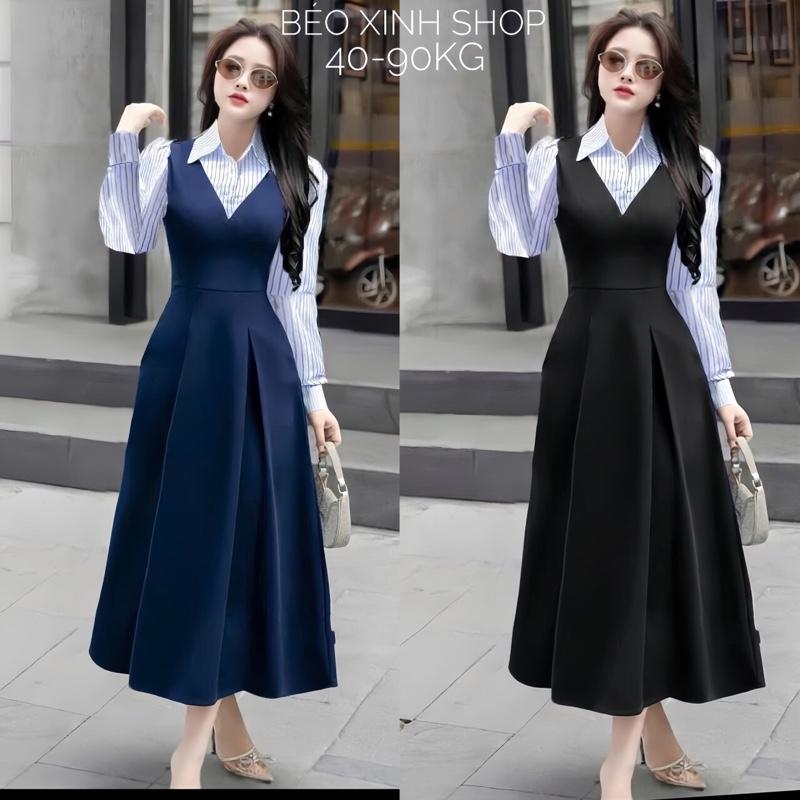 Váy Dự Tiệc Nữ Thiết Kế Dáng Dài Phối Cổ Sơ Mi Sọc Vải Cotton Lạnh Cao Cấp Thanh Lịch Cho Các Nàng Bigsize 40–90kg Thời Trang Nữ Béo Xinh Shop - A.1637