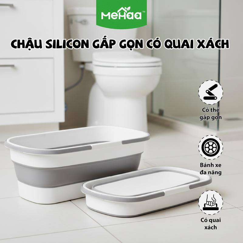 Chậu Silicon Cỡ Lớn Giặt Quần Áo Thau Rửa Giặt Đồ Có Lỗ Thoát Nước có quai xách và bánh xe di chuyển tiện lợi