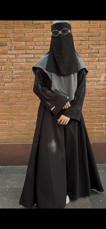 Abaya outer anaya full resleting depan Muslim Hitam Wanita Syari